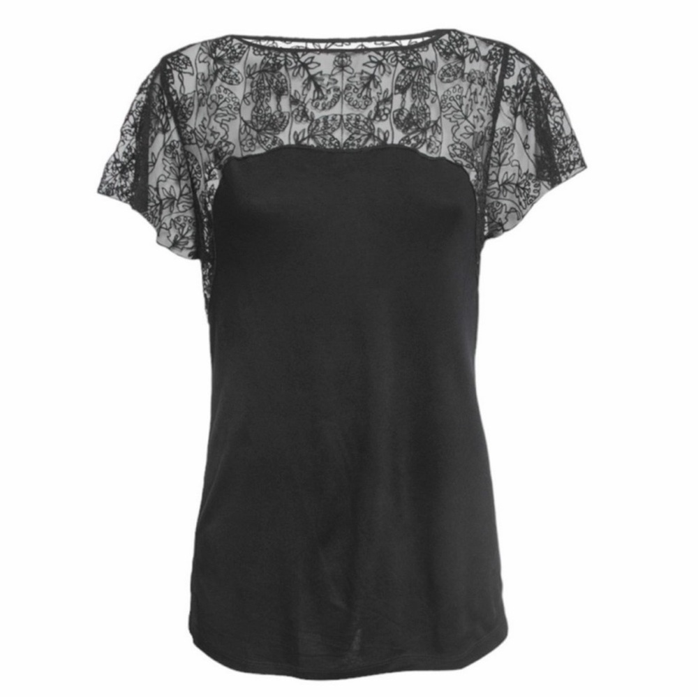 Polo Ralph Lauren Black Knit Lace Detail Short Sleeve Top Size Medium
